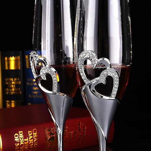 2 st 200 ml Bröllops Champagneglas Set Hjärtan Silver Toasting Flöjt Vinglas Bägare Party Älskare Jubileum Alla Hjärtans Dag Present