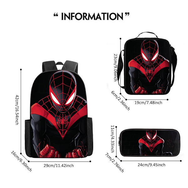 3 st/set Spider-Man Ryggsäck Lunchväska Pennfodral Barn Pojkar Flickor Dagliga Ryggsäckar Väskor A