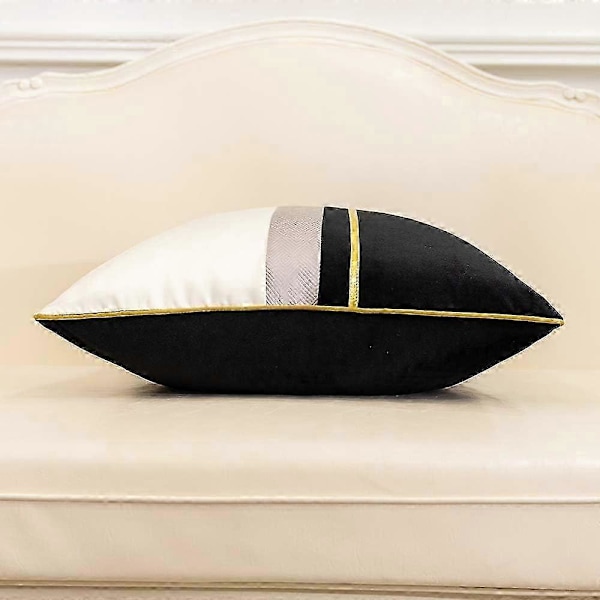 Marinblå Vit Guld Läder Randig Patchwork Sammet Kuddfodral ... Black