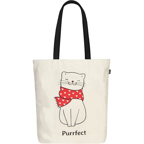 EcoRight 100% Økologisk Canvas Tote Bag med Lynlås, Miljøvenlige Små Tote Bags til Kvinder til Rejser, Strand & Shopping Purrfect Cat