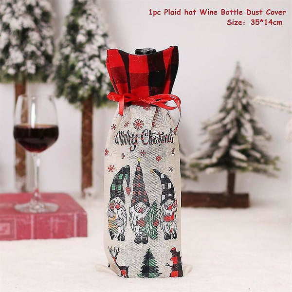 Nyår 2023 Linne Jultomtar Förkläde Juldekorationer För Hem Xmas Kökstillbehör Natal Navidad 2023 Noel Deco Wine Cover-319 Plaid