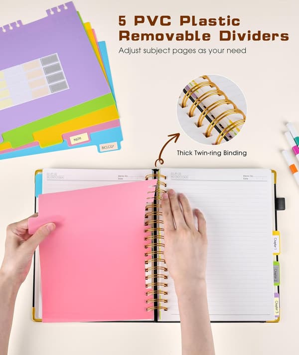 Hardcover Spiral Notebook with Movable Tabs, 300 Pages Leather 5-Subject Notebook Lined, 20x25 cm Large B5 Notebook