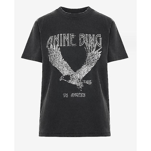 Aninebing Eagle Print Sort T-shirt til Kvinder med Korte Ærmer