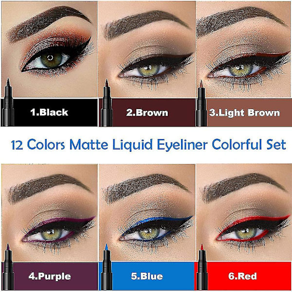 12 st Matte Flytande Färgad Eyeliner Set Färgglada Neon Eye Liners Regnbåge Eyeliner Penna Snabbtorkande Ögon Makeup Penna