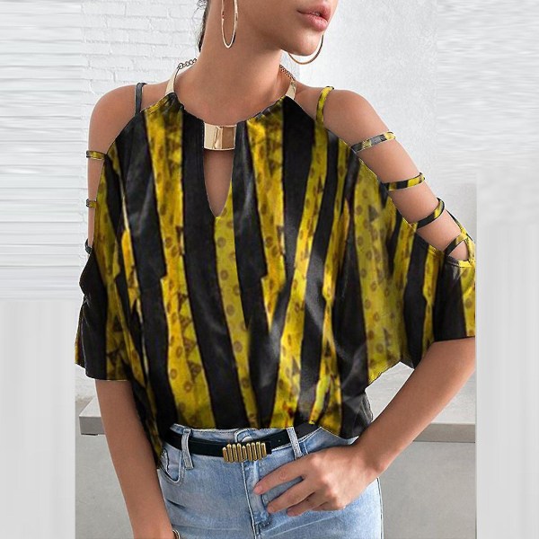 Sexiga kvinnor Casual printed halvärm Halter Halsband Clod Shoulder Pullover Blus T-shirt Toppar XXL