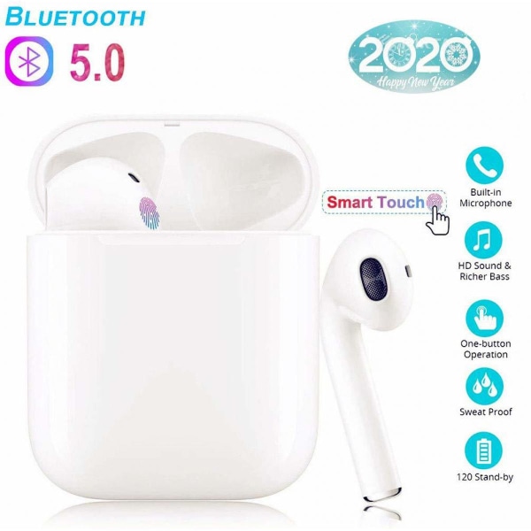 Bluetooth 5.0 Earbuds Trådlösa hörlurar TWS I12 Auto Pairing Touch Earbuds In-ear hörlurar för de flesta Android- och iOS-enheter Öronsnäckor-Vit