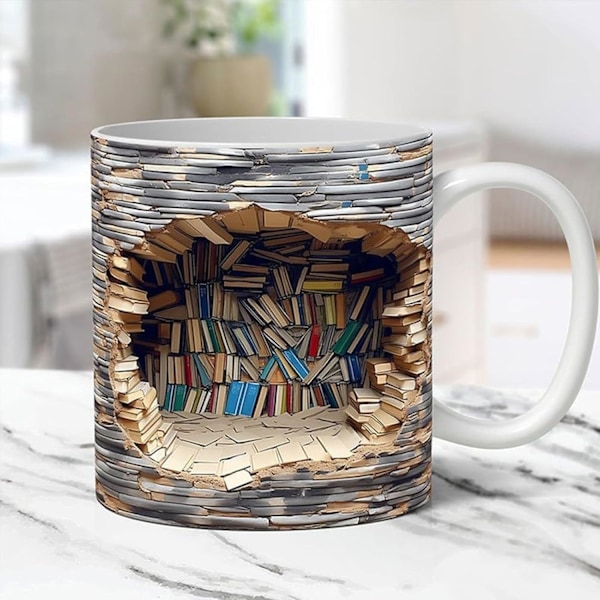 3D Bogreol Krus - Kreativt Rumdesign til Bogelskere - Multifunktionelt Keramisk Krus (11oz, Farve: A)