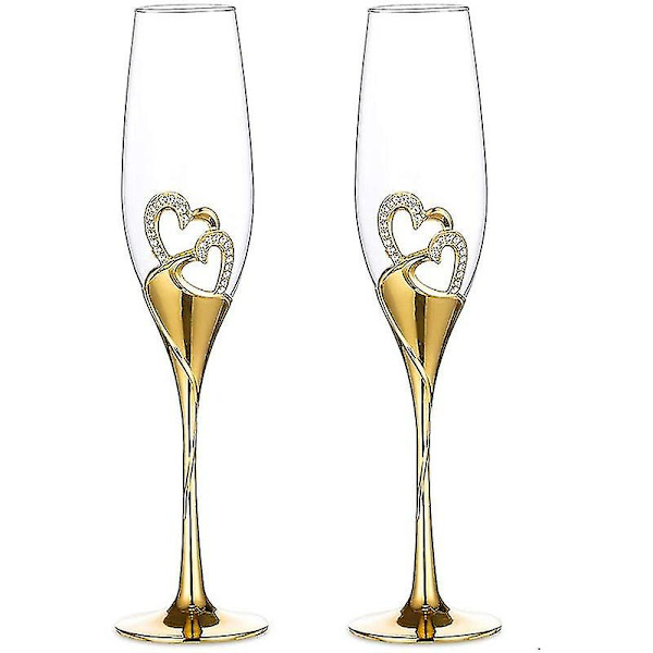 2 st 200 ml Bröllops Champagneglas Set Hjärtan Guld Skålflöjt Vinglas Bägare Party Älskare Jubileum Alla Hjärtans Dag Present