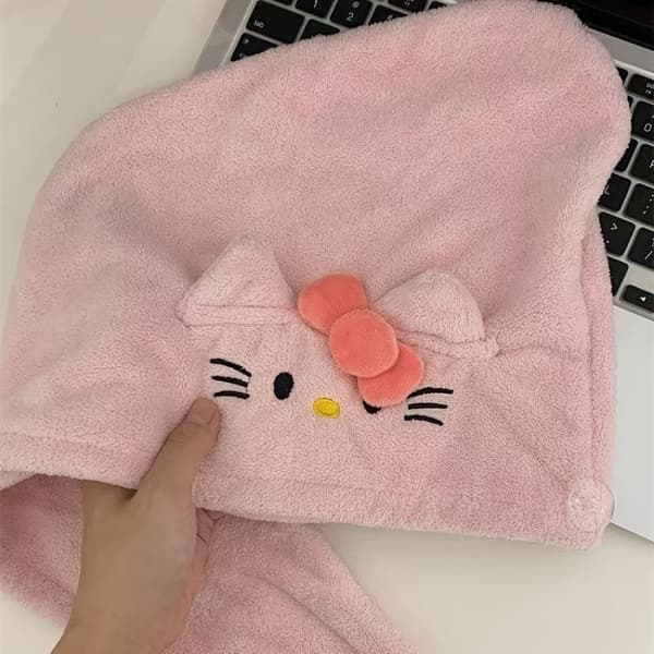 Sanrio Tecknad Korall Fleece Torkmössa | Tjock, Fäller Inte Hello Kitty (upgraded version)