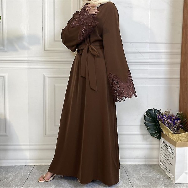 Dam Abaya Robe Jilbab Kaftan Spets Maxi Sleeve Islamisk Dubai Klänning Med Bälte Coffee M