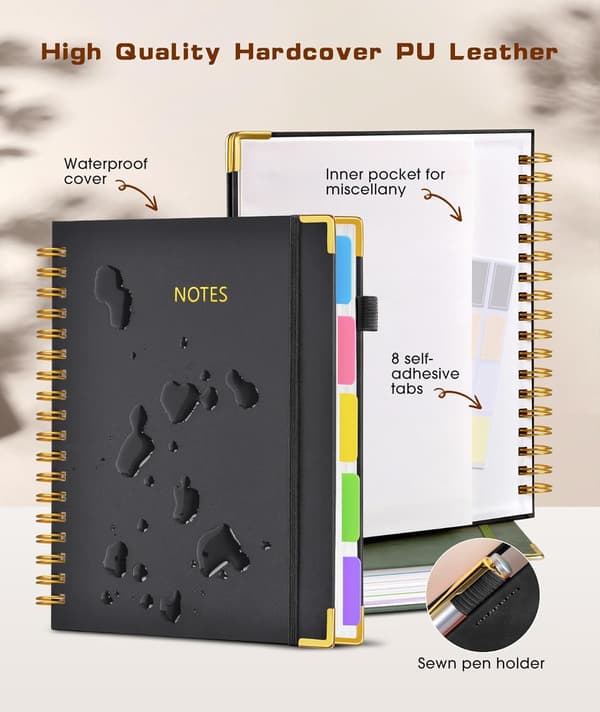 Hardcover Spiral Notebook with Movable Tabs, 300 Pages Leather 5-Subject Notebook Lined, 20x25 cm Large B5 Notebook