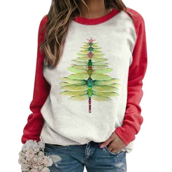 Dragonfly Christmas Tree Print Sweatshirt Långärmad Casual Top Women Red M