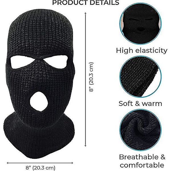 3-håls Skidmask Stickad Ansiktstäckning Stickad Helmask Vuxenmask Stretch Andningsbar Termisk Skidmask För Cykling Vandring Utomhussporter Black