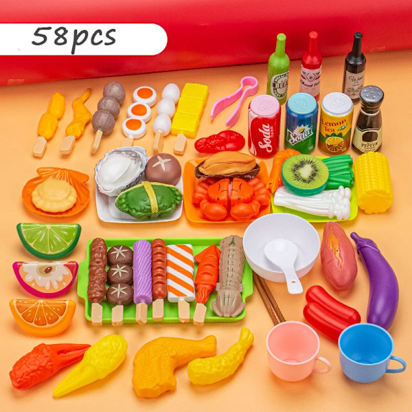 Barn Låtsaslek Kök Leksak Simulering Mat Grönsaker Grill Matlagningsset Pedagogiskt Lekhus Interaktiva Leksaker för Flicka A0002 O 58PCS