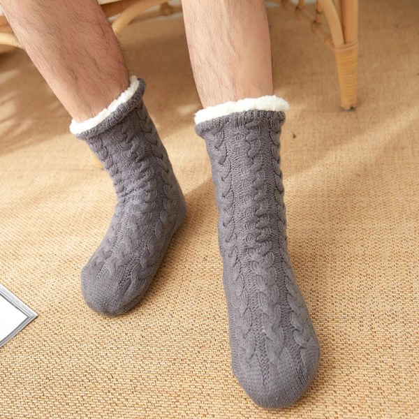 Thermal strumpor Herr Vinter varm Hem Mjuk Manlig Bomull Förtjockad Plus Sammet Sova Anti Skid Grip Kort Golv Slipper Sock hemp gray Euro size 39-45