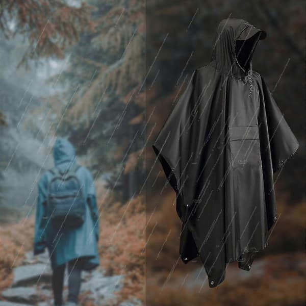 Multifunksjonell regnponcho med hette og lomme. Lettvekt.