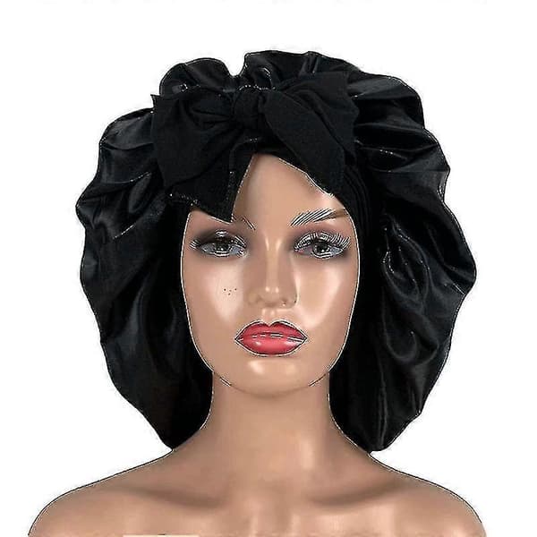 Silke Bonnet Satin Bonnet Til Sovende Bonnet Med Bånd Nat Hue Black