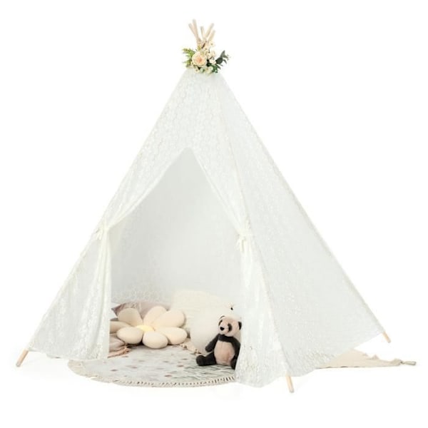 COSTWAY Suuri teepee-leikkiteltta lapsille romanttisilla pitsivaloilla Vit