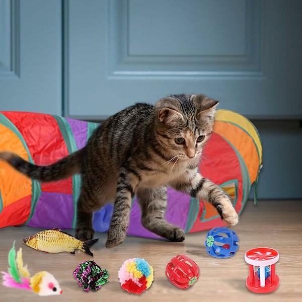 Kattleksaker, 24 delar kattleksak, set med kattunnel, fisk, mus, fjäder, boll kattungelek, interaktiv kattleksak