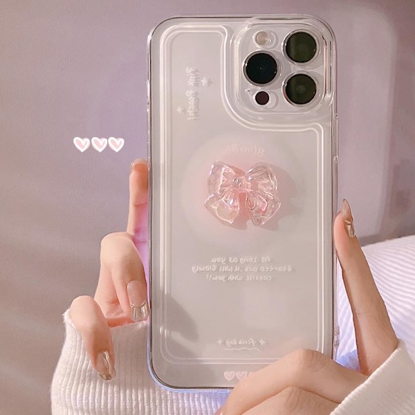 Yhteensopiva iPhone-kotelon kanssa, Söpö 3D Pinkki Rusetti Ohut Läpinäkyvä Esteettinen Muotoilu Naisille Tytöille Glitter Suojaava Puhelinkotelo iPhone 14