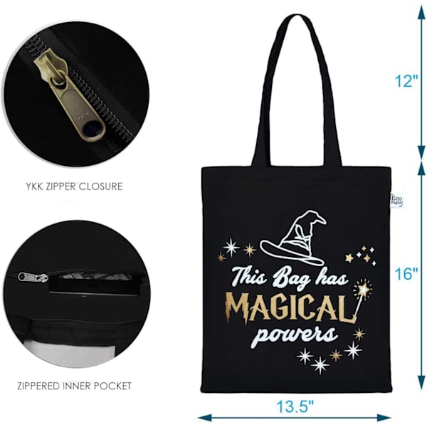 EcoRight 100% Økologisk Canvas Tote Bag med Lynlås, Miljøvenlige Små Tote Bags til Kvinder til Rejser, Strand & Shopping Magical Powers (Black)