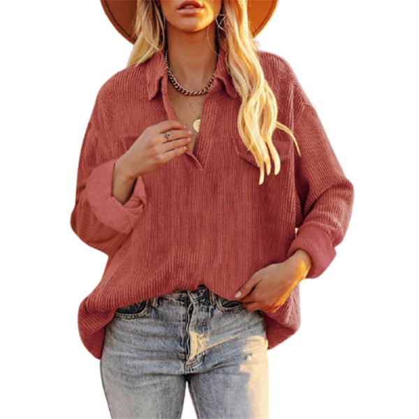 Dame Fløjlsbluse Langærmet Skjorte Oversized Jakke Toppe Løs Revers Bluse Efterårsudvalg Red L