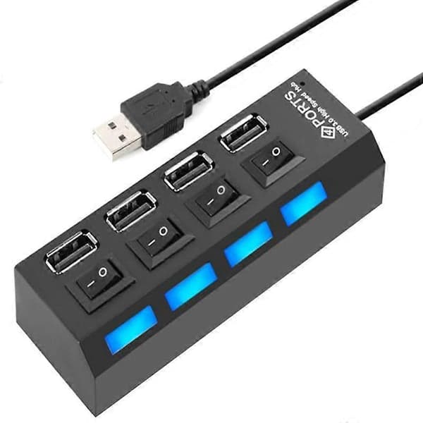 4 Porte USB Hub Splitter USB 2.0 Hub LED med 4 ON/OFF Kontakter til Tablet Laptop Computer Notebook black