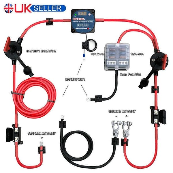 Färdigmonterat Batteri Split Charge Relä Kit 12V 140A Digital VSR Sense Husbil style1878