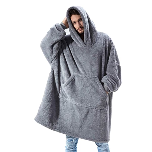 Tröja med huva i överdimensionerad dubbelsidig fleece bärbar filt Par Män Kvinnor Hem Gray