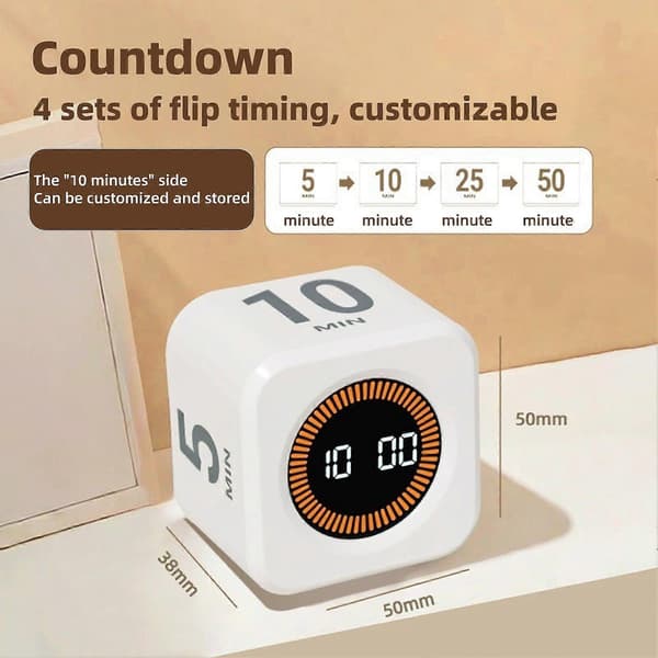 Digital Cube Pomodoro Timer - Visuell, Stille, Auto-flip, Justerbar Vibrasjon & Lydalarm White
