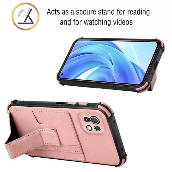 Iskunkestävä TPU-kotelo jalustalla ja ruusukultaisella korttipidikkeellä Xiaomi 11 Lite 5G NE/Mi 11 Lite 4G/5G -puhelimelle
