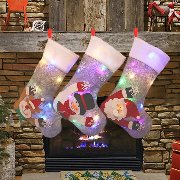 Julstrumpor Set med LED-ljus - 3 st Personliga Julstrumpor Presentpåse Tomte Snögubbe Ren Eldstad Hängande Strumpa För Familj C