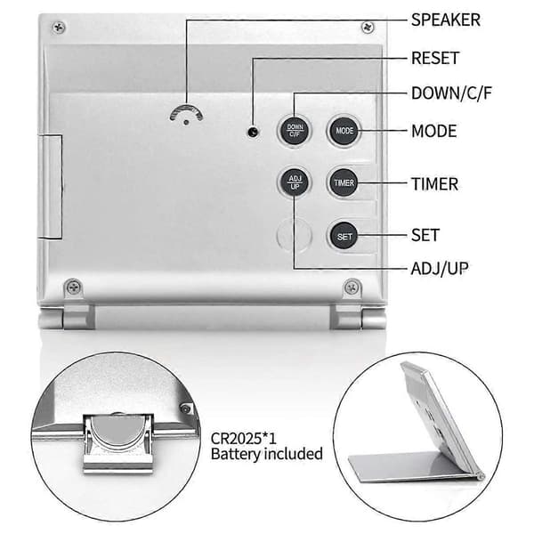 Digital Resväckarklocka - Vikbar Kalender Temperatur Timer LCD-klocka Väderprognos Klocka Batteridriven Silver