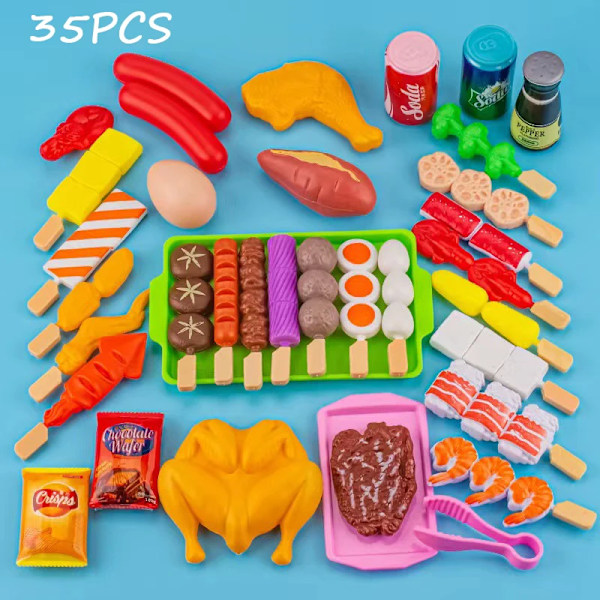 Barn Låtsaslek Kök Leksak Simulering Mat Grönsaker Grill Matlagningsset Pedagogiskt Lekhus Interaktiva Leksaker för Flicka A0002 M 35PCS