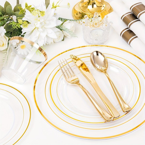 7-delars set (70 delar) transparenta guldplasttallrikar - Guldplastbestickset (YJD) Clear And Golden
