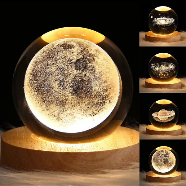 3D Galaxy Solar System Crystal Ball Nattljus Dekor Sänglampa med träbas julklapp Moon
