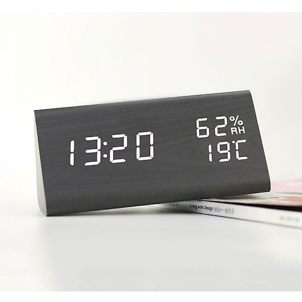Digital väckarklocka med nattlampa, datum, röststyrning, digital träklocka, intern temperatur, 3 justerbara alarmgrupper, för