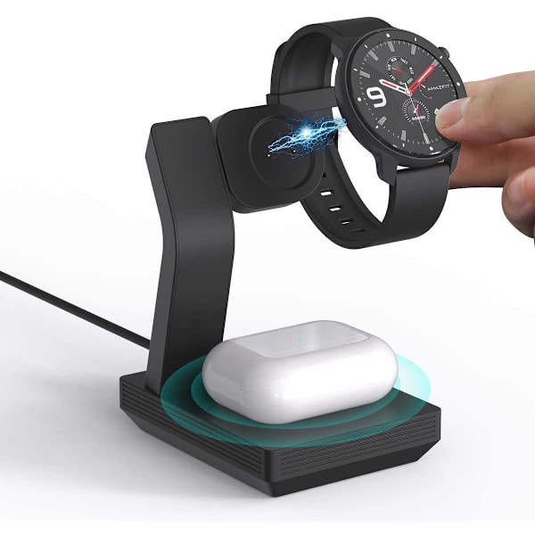 Langaton laturi USB 2-in-1 irrotettava lataus Langaton latauslaturi yhteensopiva Amazfit GTR GTS T-Rex -älykellon kanssa, (musta)