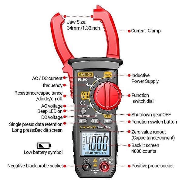 ANENG PN200 AC/DC Mätning Hög Precision Multifunktionell Clamp Meter Red