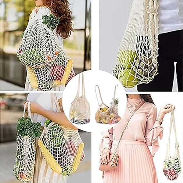 2 stk. nettinghandleposer, nettingposer, netting fruktposer, gjenbrukbare nettinghandleposer, beige