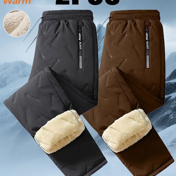 2 st Vinter Termobyxor för Män med Fleecefoder, Dragkedjefickor & Elastiskt Midjeband Black+Brown M