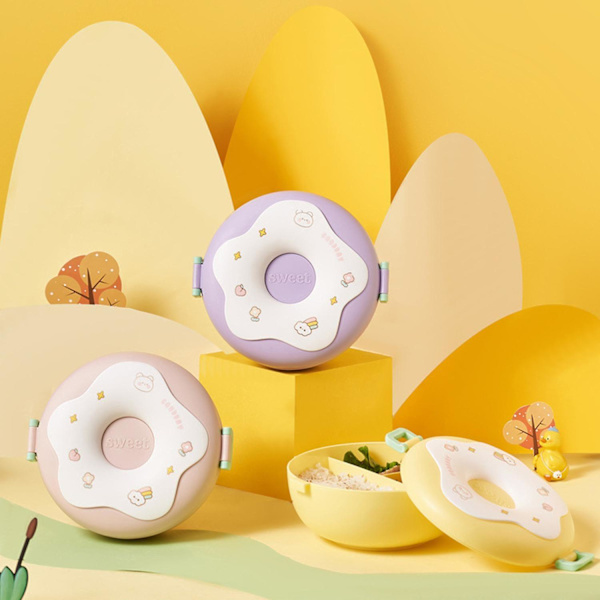 Sød Tegneserie Donut 1000ml Madkasse Mikrobølgeovn Sikker Bento Boks med Rum Skoleartikler (LGL) Yellow