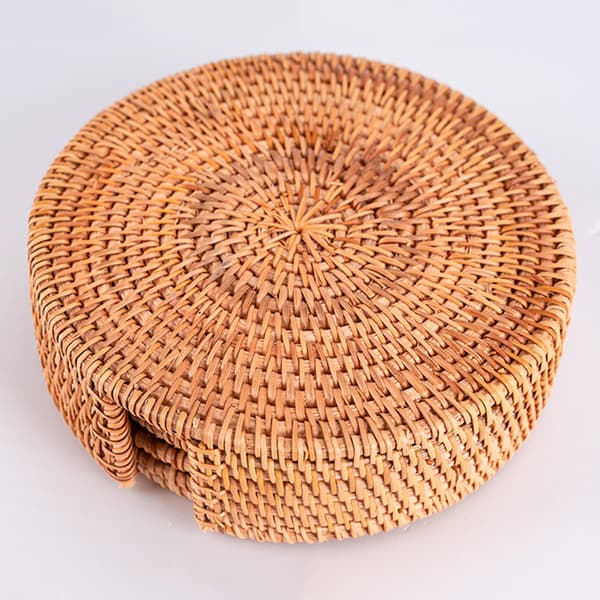 {YM}Rattan Coaster with Holder Storage Box Handmade Teacup Round Edge Coaster for Kitchen Table Drink Craft 8CM