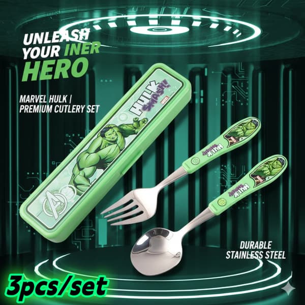 3 stk Sett Marvel Hulk Gaffel Skje i Rustfritt Stål og Oppbevaringsboks - Holdbart 304 Rustfritt Stål, Gjenbrukbart og Bærbart Hulk
