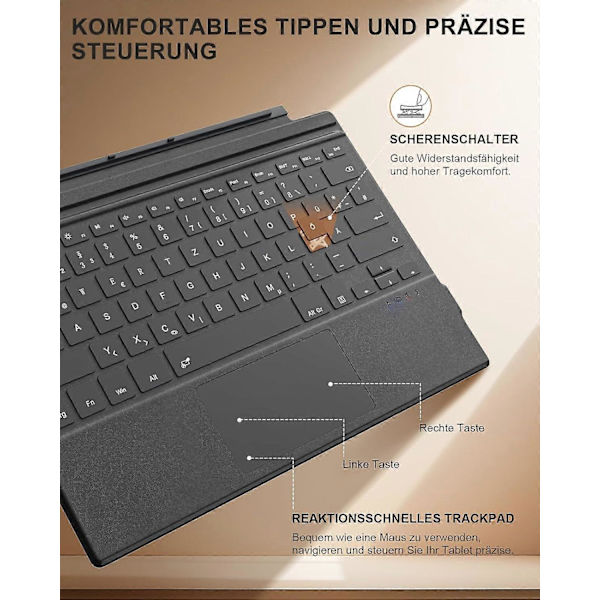 Microsoft Surface Pro 7/7/6/5/4/3 Bluetooth-tangentbord, QWERTZ-layout, Grå