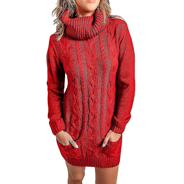 Ny rød højhalset lang varm strikket pullover til kvinder, der bæres under en top sweater XL