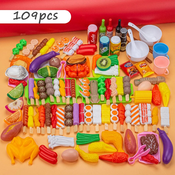 Barn Låtsaslek Kök Leksak Simulering Mat Grönsaker Grill Matlagningsset Pedagogiskt Lekhus Interaktiva Leksaker för Flicka A0002 Y 109PCS