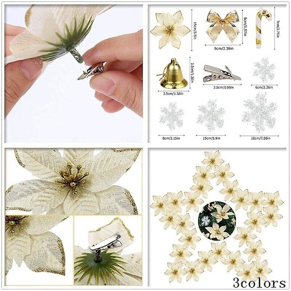 120 st/set Julgransblommor, Klockor, Rosett, Snöflinga Hänge Juldekoration Silver
