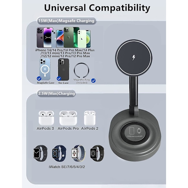 Magnetisk Trådløs Opladningsstander til MagSafe Oplader, Foldbar 15w Hurtig Trådløs Opladningsstation til iPhone 14/13/12