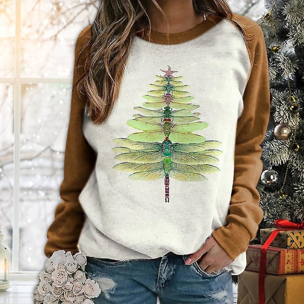 Dragonfly Christmas Tree Print Sweatshirt Langarmad Casual Top Women Red 3XL Red 3XL Fyndiq